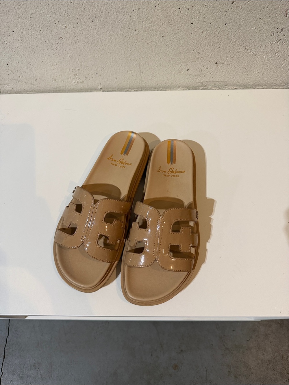 Sam Edelman Patent Tan Slide Sandals